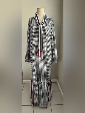 Black & White Houndstooth Maxi Dress with Contrast Stripe Tie
